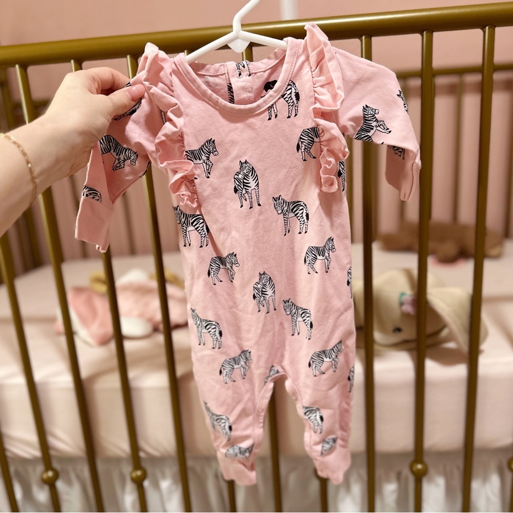 Monica + Andy pink zebra ruffle onesie 3-6 months